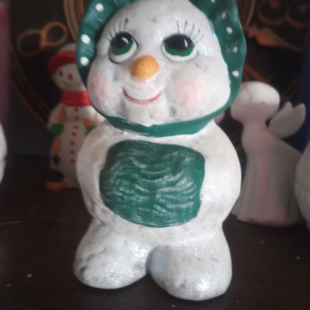 Vintage Snowman Figurine with Green Scarf